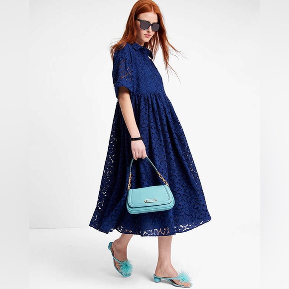 Kate Spade Blue Lace Montauk Midi Dress Medium Embroidered Cutwork French Navy - Picture 9 of 12